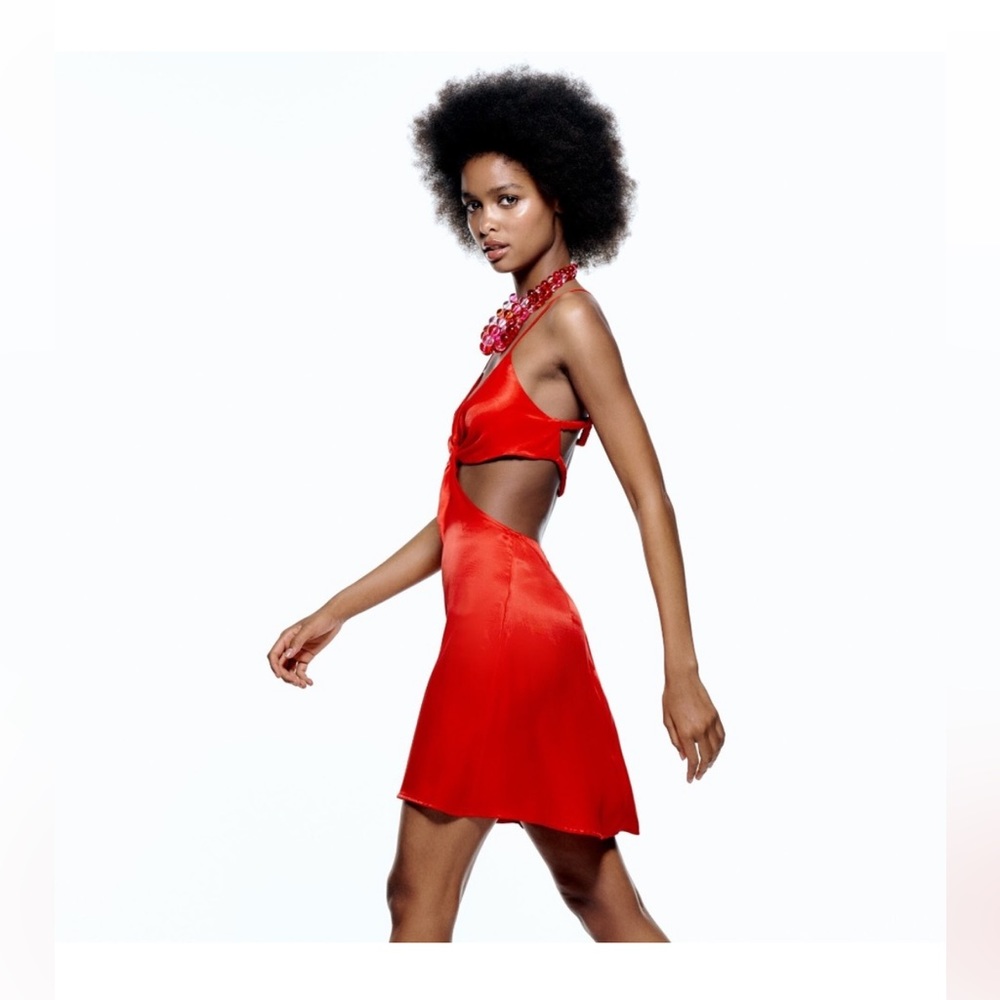 Red Knotted Satin Effect Dress from Zara